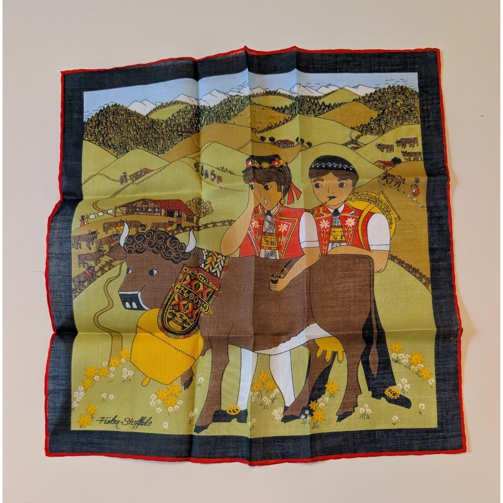 Vintage Fisba Stoffels Handkerchief Green Swiss Alpine Folk Art Cow Scene